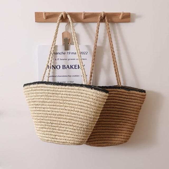 【巴黎精品】情人節禮物 現貨+預購 草編包手提包渡假風單肩側背包大容量流蘇編織包-簡約黑邊復古水桶包女包包2色a1hb63