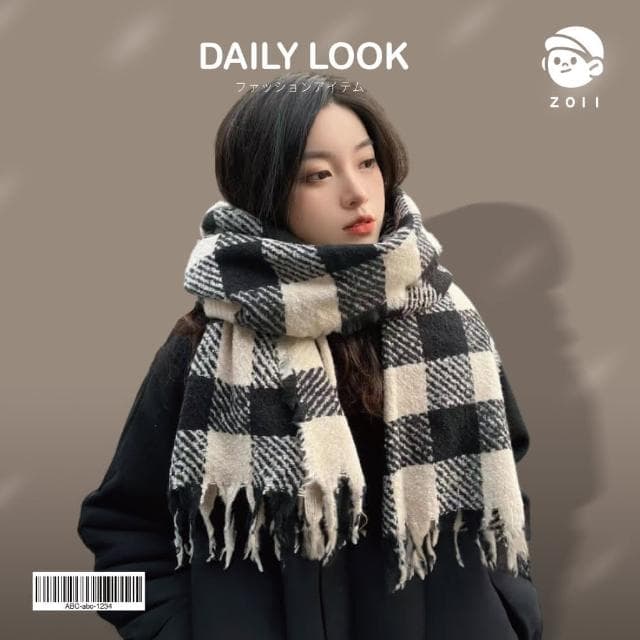 【ZOII 佐壹】黑白格紋加厚羊毛圍巾(圍巾 保暖圍巾 冬天圍巾 披肩 圍巾女#322022)