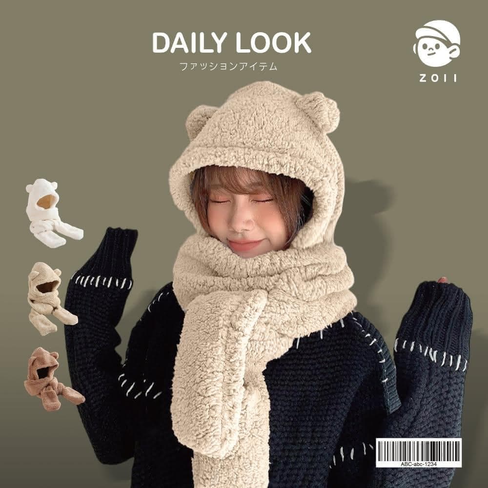 【ZOII 佐壹】小熊毛毛帽圍巾 可愛圍巾 小童圍巾 禦寒 保暖 圍巾 保暖圍巾 脖圍 披巾 賞雪必備 #322042