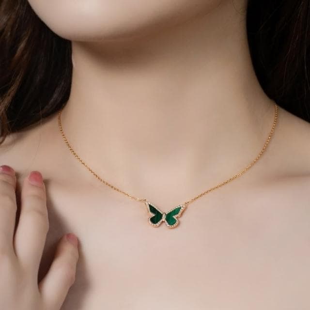 【米蘭精品】情人節禮物 現貨+預購 孔雀石項鍊925純銀吊墜金鏈簡約蝴蝶孔雀石女飾品聖誕節交換禮物74gf7