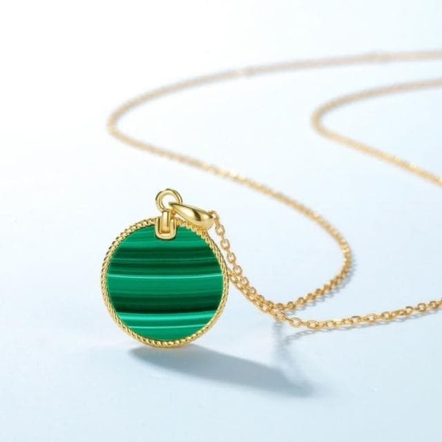 【米蘭精品】情人節禮物 現貨+預購 孔雀石項鍊925純銀吊墜金色圓形簡約孔雀石女飾品聖誕節交換禮物74gf24