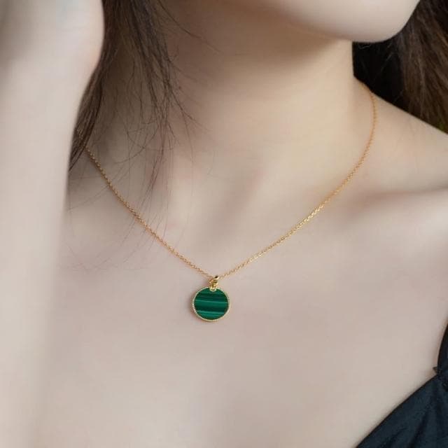 【米蘭精品】情人節禮物 現貨+預購 孔雀石項鍊925純銀吊墜金色圓形簡約孔雀石女飾品聖誕節交換禮物74gf24
