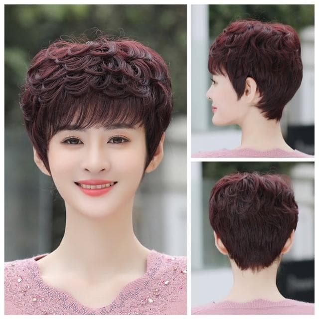 【米蘭精品】現貨+預購 女假髮整頂真髮絲短髮斜瀏海捲髮蓬鬆中老年母親節禮物3色74ai22