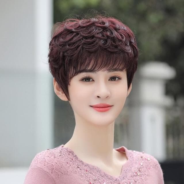 【米蘭精品】現貨+預購 女假髮整頂真髮絲短髮斜瀏海捲髮蓬鬆中老年母親節禮物3色74ai22