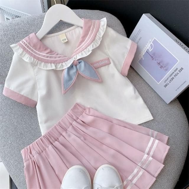 綺羅 兒童洋裝✨女童水手服百褶裙 幼兒百褶裙童裝 夏季兒童學院風裙子 JK制服 中大童韓版兩件套褲裙 表演服連衣裙