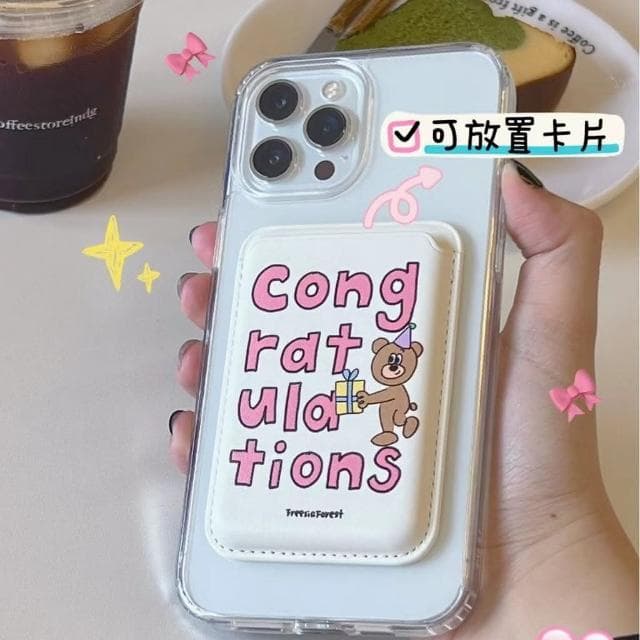 WDF.CO現貨｜韓國新款磁吸卡包｜貓咪系列｜走路小熊｜禮物小熊｜黑色卡帶｜吃飯小熊｜磁吸卡套｜臘腸小狗｜衝浪小熊