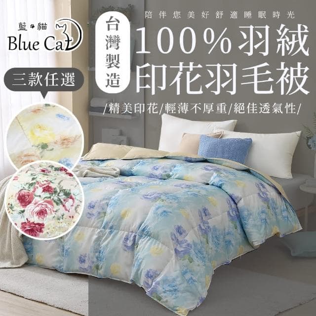 【Blue Cat 藍貓】台灣製造 100%羽絨 印花被 羽絨被 蓬蓬被 雙人冬被 被子 被胎 保暖被胎