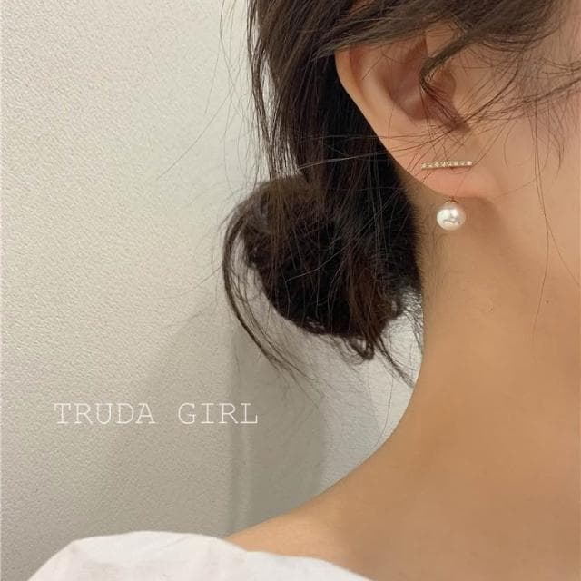 《杜達女孩》兩種戴法 超精緻氣質簡約仿鑽石一字仿珍珠耳環 小巧 耳環 耳釘 耳飾 排鑽耳環 仿珍珠耳環 仿鑽耳環 韓國