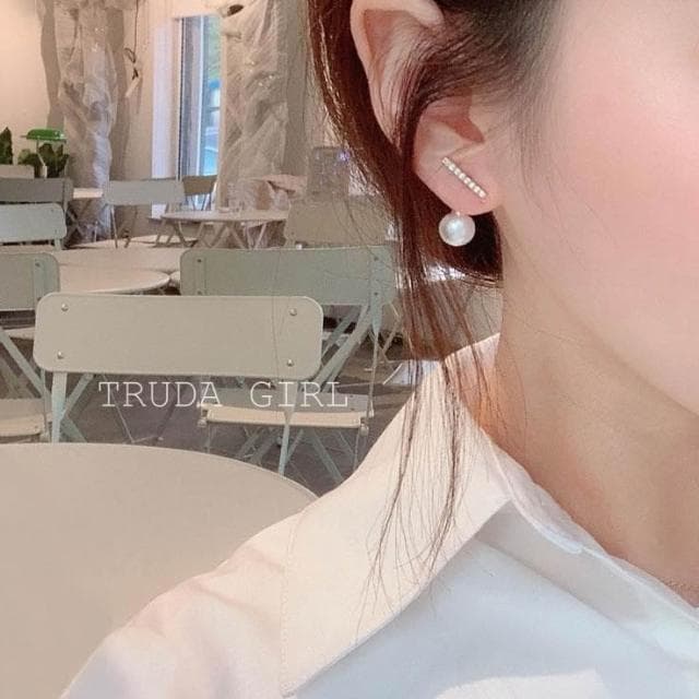 《杜達女孩》兩種戴法 超精緻氣質簡約仿鑽石一字仿珍珠耳環 小巧 耳環 耳釘 耳飾 排鑽耳環 仿珍珠耳環 仿鑽耳環 韓國