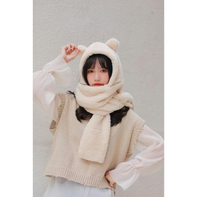 【JDUDS】小熊帽子圍巾 連帽小熊圍巾可愛百搭毛絨圍巾 加厚絨毛圍巾 秋冬保暖圍巾圍脖 泰迪熊純色圍巾 熊寶寶圍巾