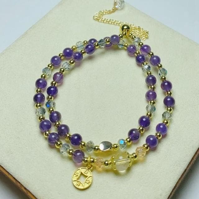 【Paiya 派亞】可抽拉調節 紫水晶配黃水晶黃塔晶雙圈手串手鏈送禮好物/交換禮物