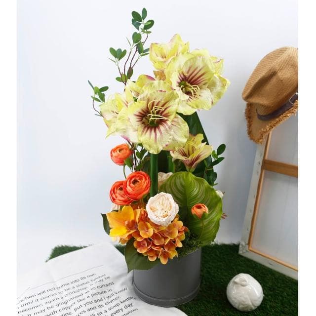 【HUGO DECO 榆果傢飾】特級粉君子蘭橘陸蓮花藝(擬真花/端午節/喬遷/祝賀/花禮/送花/送禮)
