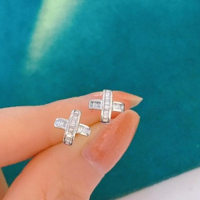 【WhiteKuo】WhiteKuo18k白金天然鑽石交叉耳釘耳針耳環