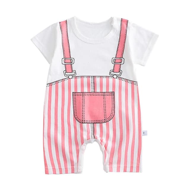 【JoyBaby】春夏童裝 短袖包屁衣 卡通肩扣薄款連身衣 背帶粉