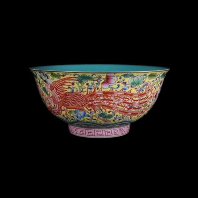 《博古珍藏》清乾隆 黃地粉彩穿花龍鳳紋宮碗 宮廷珍藏 老件文物瓷器 國際拍賣級 附錦盒