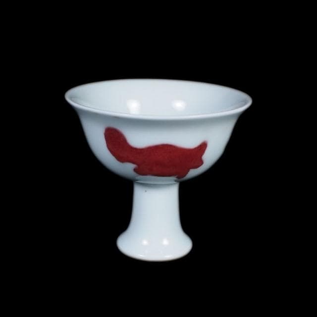 《博古珍藏》明宣德 釉裡紅三魚紋高足杯 早期收藏 老件文物 茶杯瓷器 博物館級