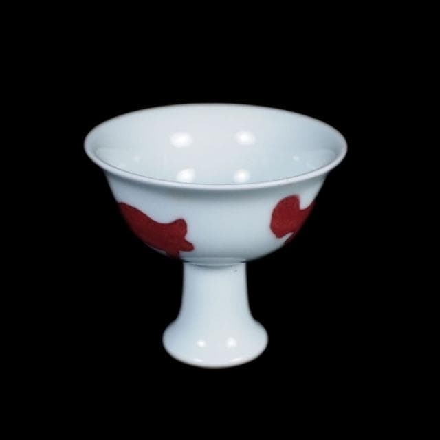 《博古珍藏》明宣德 釉裡紅三魚紋高足杯 早期收藏 老件文物 茶杯瓷器 博物館級
