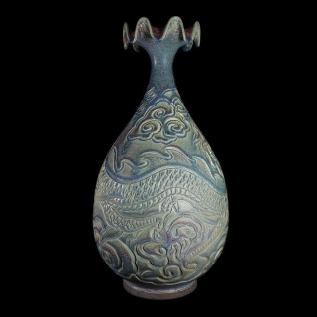 《博古珍藏》宋 鈞窯天藍釉刻雲龍紋玉壺春瓶 高39公分 早期收藏 老件花瓶瓷器 博物館級文物