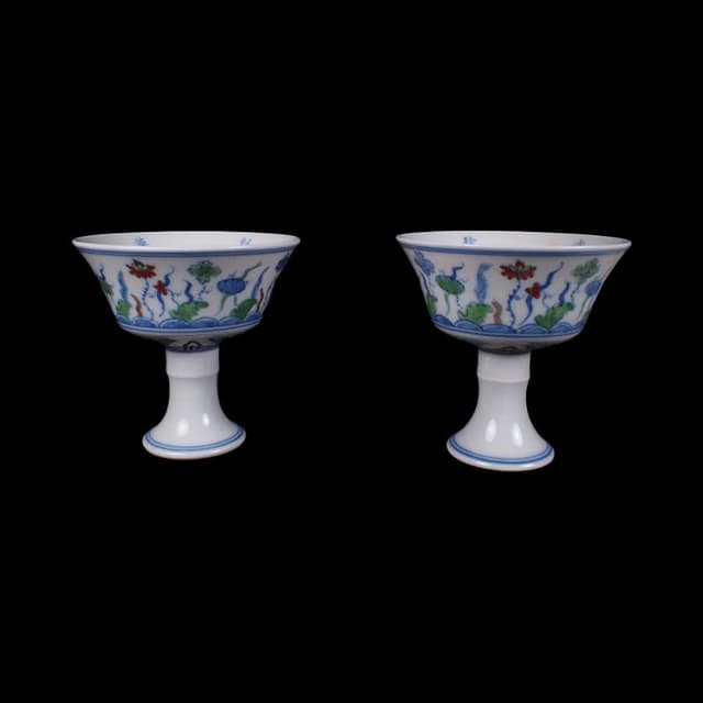 《博古珍藏》明成化 鬥彩斗彩海藻紋高足杯一對 紅胎 早期收藏 老件茶具瓷器 博物館級文物