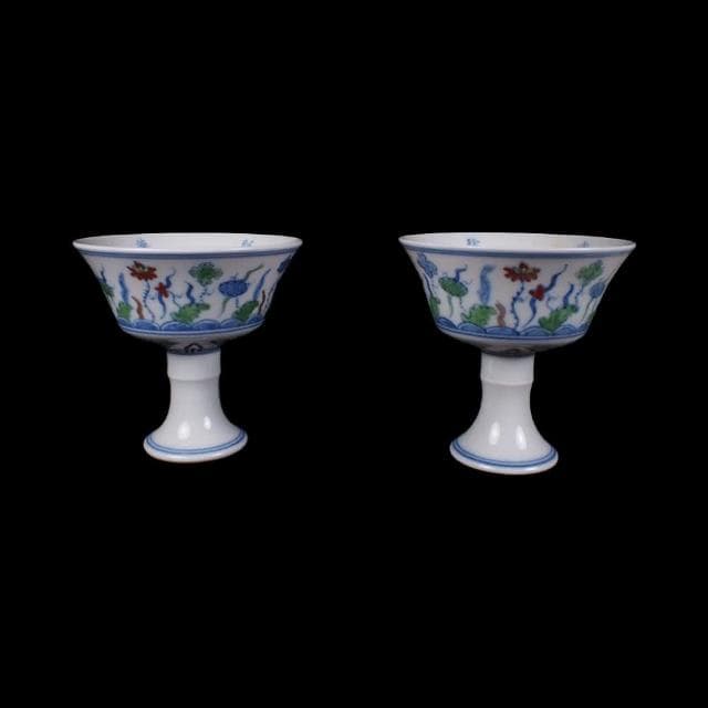《博古珍藏》明成化 鬥彩斗彩海藻紋高足杯一對 紅胎 早期收藏 老件茶具瓷器 博物館級文物