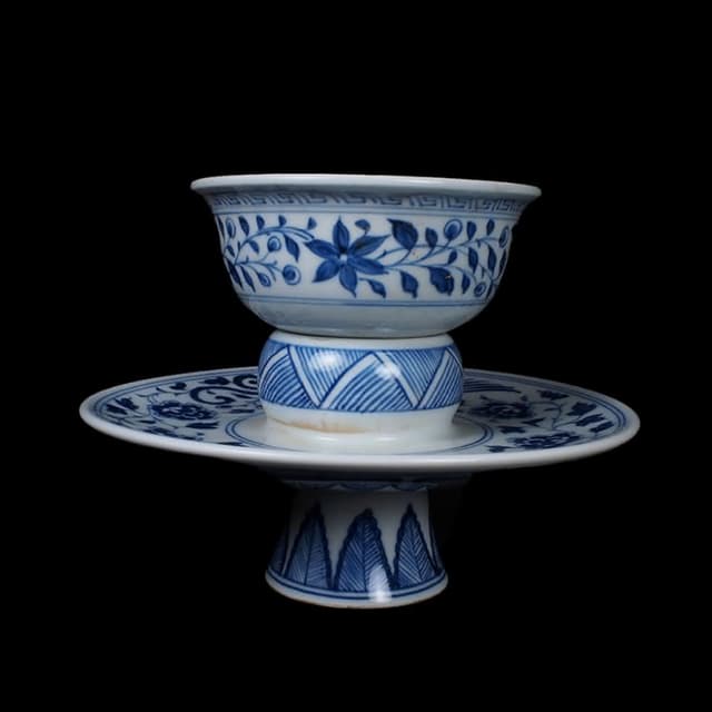 《博古珍藏》元至正 青花花卉紋盞托 早期收藏 老件文物 茶杯瓷器 國際拍賣級
