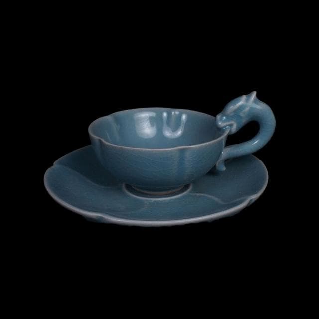 《博古珍藏》宋 汝窯天青釉獸耳盞托 早期收藏 老件茶杯瓷器 博物館級文物