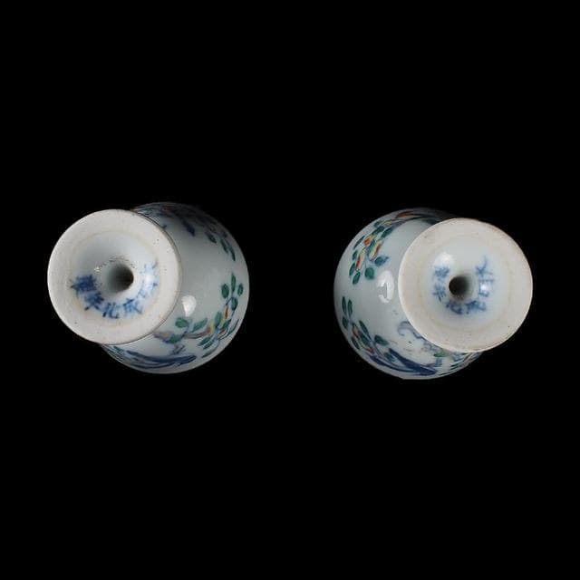 《博古珍藏》明成化 鬥彩斗彩花鳥紋高足杯一對 早期收藏 老件茶具瓷器 博物館級文物