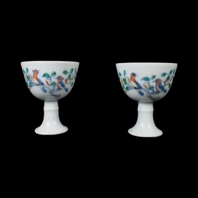 《博古珍藏》明成化 鬥彩斗彩花鳥紋高足杯一對 早期收藏 老件茶具瓷器 博物館級文物