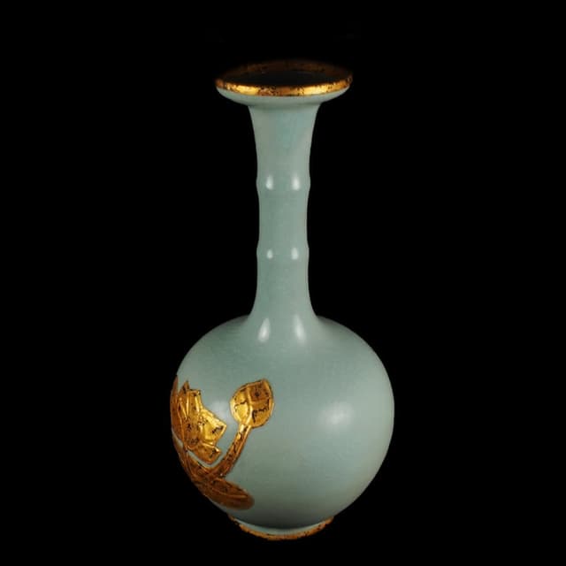 《博古珍藏》宋 汝窯天青釉包金蓮紋弦紋瓶 早期收藏 老件花瓶瓷器 博物館級文物