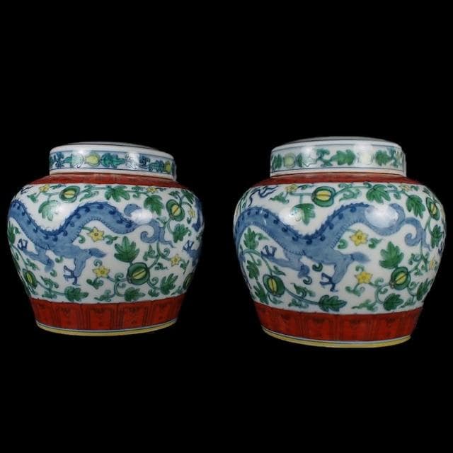 《博古珍藏》明成化 天字款 鬥彩斗彩藤瓜果龍紋蓋罐一對 早期收藏 老件茶葉罐瓷器