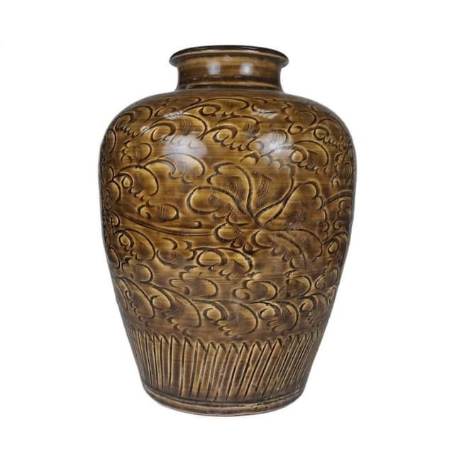 《博古珍藏》宋 吉州窯黃釉刻花卉紋梅瓶 花瓶瓷器 早期收藏