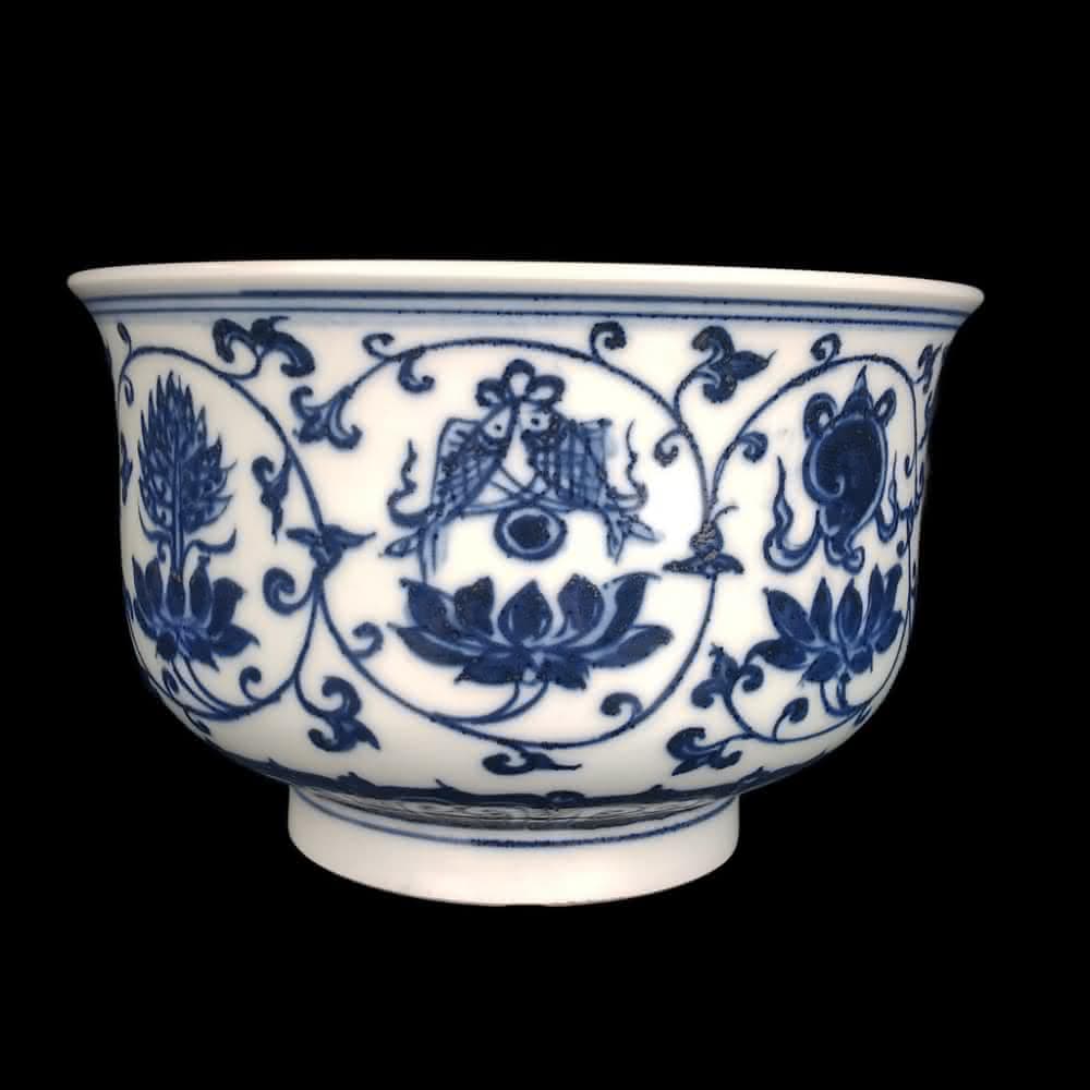 《博古珍藏》明宣德 青花纏枝蓮托八吉祥紋碗 老件文物瓷器 早期收藏