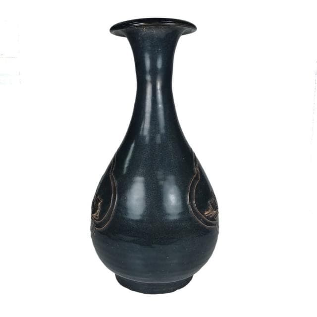 《博古珍藏》宋 吉州窯黑釉刻鴛鴦圖玉壺春瓶 花瓶瓷器 早期收藏