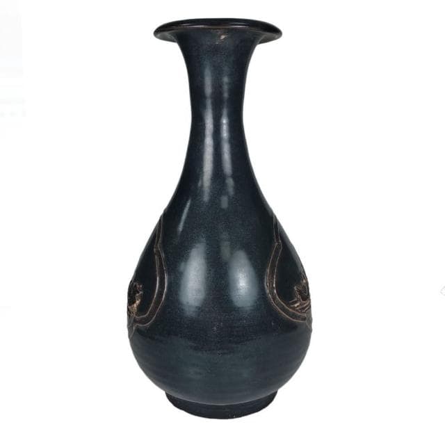 《博古珍藏》宋 吉州窯黑釉刻鴛鴦圖玉壺春瓶 花瓶瓷器 早期收藏