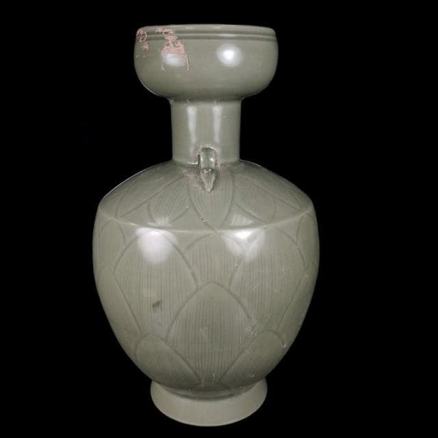 《博古珍藏》五代 越窯秘色瓷刻蓮花紋雙系瓶 早期收藏 花瓶瓷器