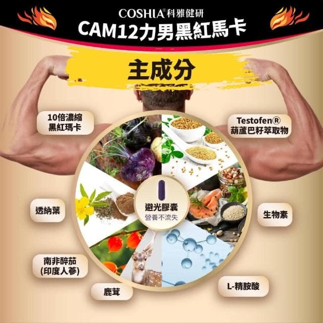 Coshia 科雅健研 CAM12力男 有機黑紅瑪卡(瑪卡 精胺酸 人蔘 葫蘆巴籽)