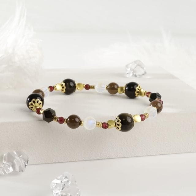 【月色真美】月色真美 輝夜姬-金運石黑曜石茶晶月光石手鍊(A113嚴選天然水晶 鑑定師把關)