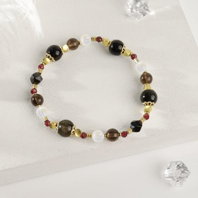 【月色真美】月色真美 輝夜姬-金運石黑曜石茶晶月光石手鍊(A113嚴選天然水晶 鑑定師把關)