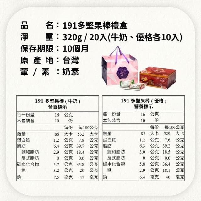 【金賀甲】191多堅果棒禮盒320g(牛奶巧克力風味/餅乾禮盒/過年送禮/中秋禮盒/伴手禮盒/春節禮盒/現貨)