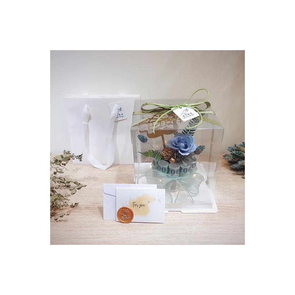 KIRA與花花藝｜永生花有錢花迷你蛋糕-帥氣藍(/可放10張/父親節禮物/生日禮物/永生花/有錢花/父親節蛋糕)