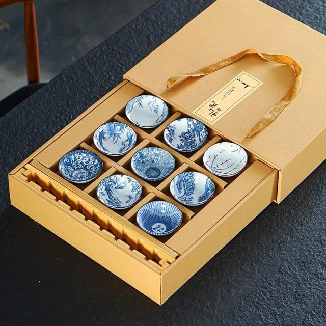 復古 青花瓷 茶杯 套裝 斗笠 杯 9個 陶瓷 茶具 品茗 杯子 日式 茶盞 茶碗 禮品 日式茶道 陶瓷杯