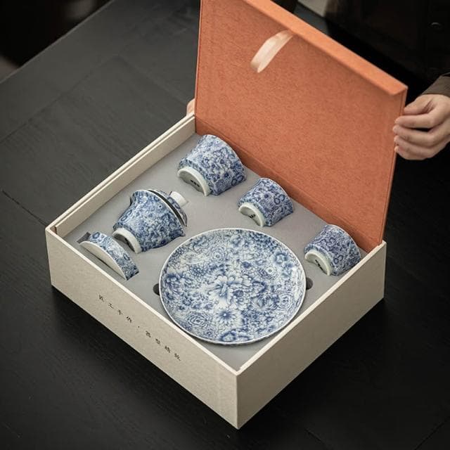 青花琺瑯彩蓋碗茶具套裝 一壺三杯帶託盤主人杯禮盒裝 公司禮品送禮