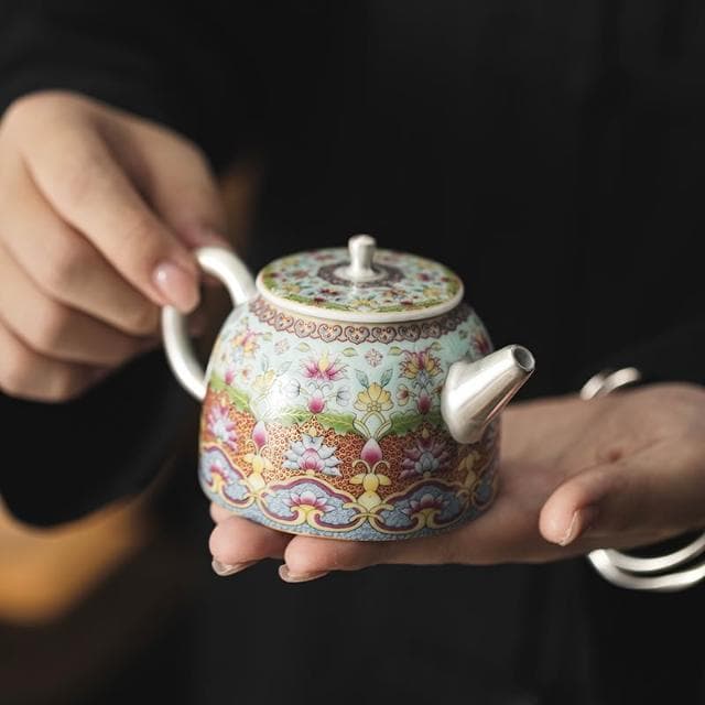 999鎏銀琺瑯彩功夫茶具套裝 泡茶壺一壺二杯禮盒裝 送領導長輩禮物