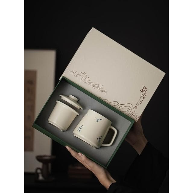 草木灰蝴蝶蘭辦公杯 馬克杯 帶蓋陶瓷茶水分離杯 送長輩客戶禮品定制