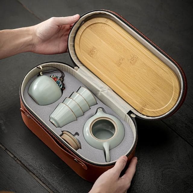 汝窯功夫茶具套裝茶壺茶杯可攜式旅行茶具帶茶盤茶葉罐商務伴手禮