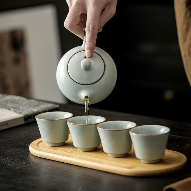 汝窯功夫茶具套裝茶壺茶杯可攜式旅行茶具帶茶盤茶葉罐商務伴手禮