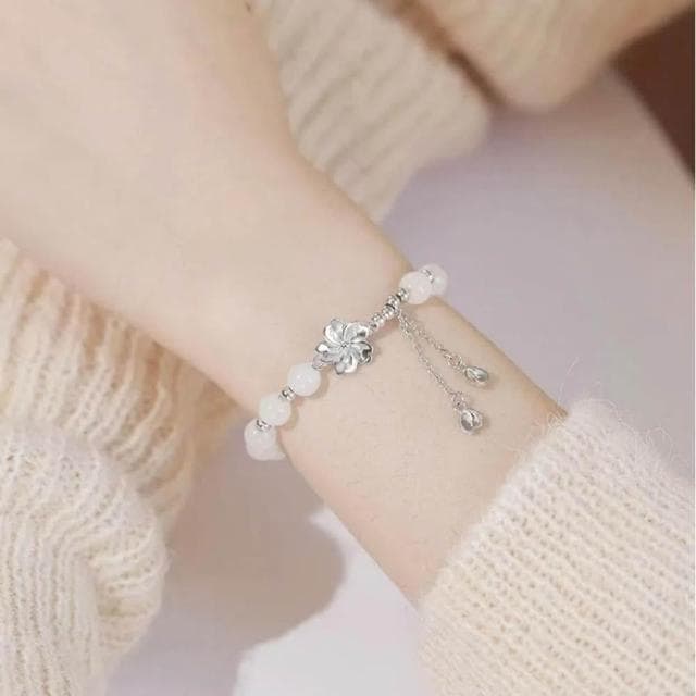 【A&R】S925純銀小桃花和田玉銀珠水晶手鍊附精美禮盒(招桃花 好人緣 平安 手珠 串珠 情人節 生日 禮物)