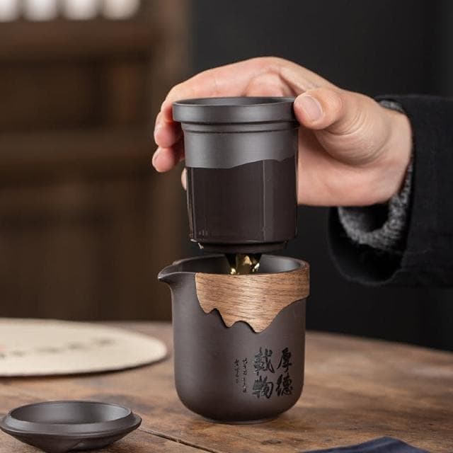 小慕Kogure 茶具套裝便攜式茶水分離 戶外泡茶組 茶具套裝便攜包 紫砂陶瓷一壺六杯防燙 旅行茶具組便攜收納 輕巧隨性 茶具組 茶杯