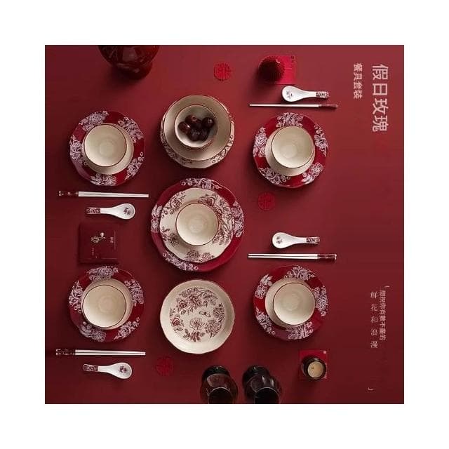 小慕Kogure 碗筷套裝 高檔碗碟餐具陶瓷 新婚禮物送新娘紅色碗盤筷套裝 喬遷新居結婚禮盒