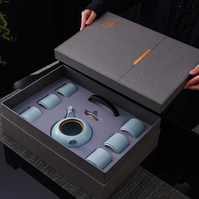 天青汝窯茶具套裝 提梁壺 可養開片陶瓷茶具 輕奢家用茶具套裝 LY